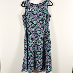 Talbots Floral Midi Dress in Black, Purple, Teal
